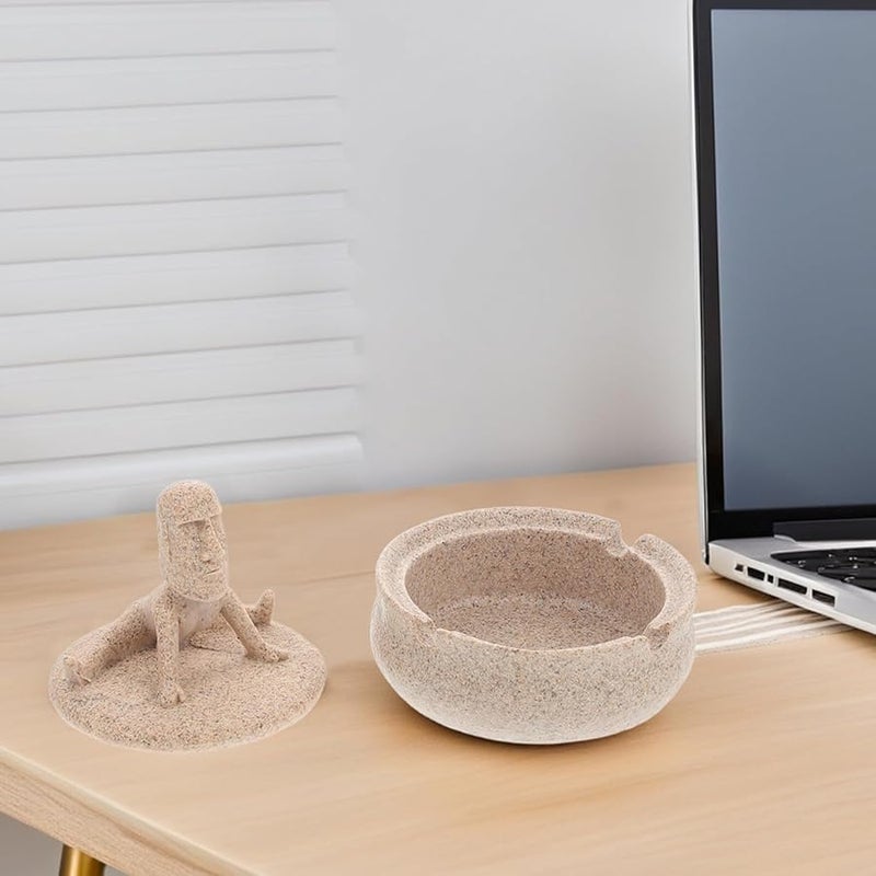 منفضة سجائر مقاومة للرياح بمقبض وغطاء بتصميم حجر اليوجا، حامل رماد بدون دخان للمكتب المنزلي أو سطح المكتب - Image 5